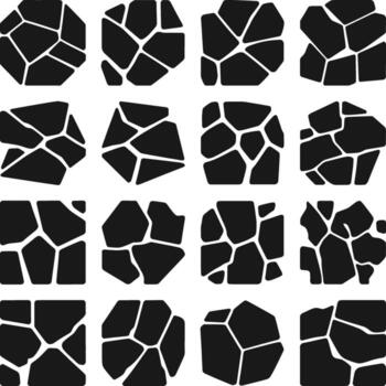 Sixteen black abstract geometric shapes with irregular outlines on white background pattern vector