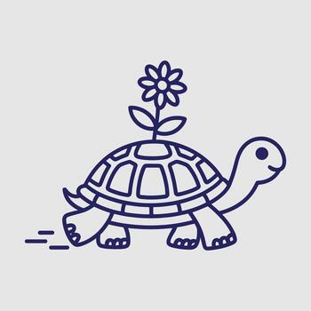 sencillo oscuro azul línea Arte Tortuga con flor en cáscara Moviente rápido en ligero gris antecedentes tortuga animal vector