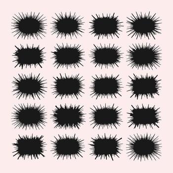 veinte negro puntiagudo resumen formas arreglado en un cuadrícula en un pálido rosado antecedentes modelo vector