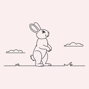 Black line drawing of a rabbit standing on grass with clouds in the background on a pale pink background vector