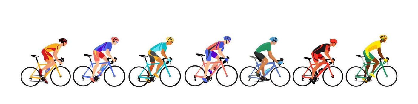 Bicycle racers in row color drawing on isolated background. vector