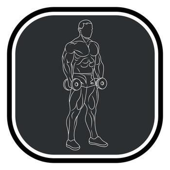 Black and white icon of a sportsman, athlete, bodybuilder, exercising on exercise machines with dumbbells and a barbell, isolated on a gray background vector
