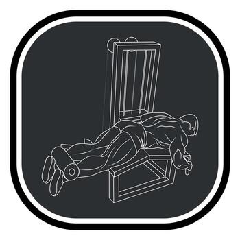 Black and white monochrome icon of a sportsman, athlete, bodybuilder, exercising on exercise machines with dumbbells isolated on a gray background vector