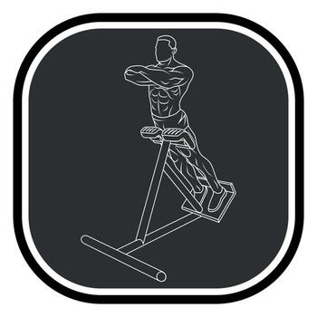 Black and white monochrome icon of a sportsman, athlete, bodybuilder, exercising on exercise machines with dumbbells and a barbell, isolated on a gray background vector