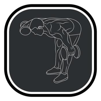 Black and white monochrome icon of a sportsman, bodybuilder, exercising on exercise machines with dumbbells and a barbell, isolated on a gray background vector