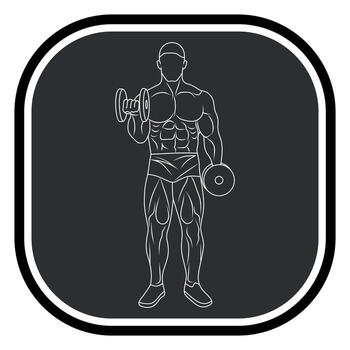 Black and white monochrome icon of a sportsman, athlete, bodybuilder, exercising on exercise machines with dumbbells and a barbell on a gray background vector