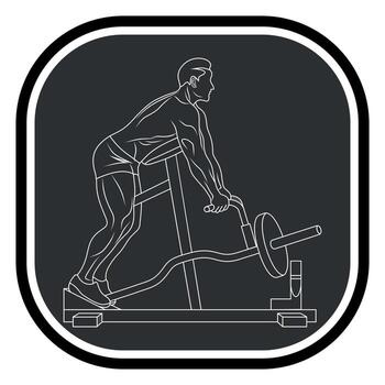 monochrome icon of a sportsman, athlete, bodybuilder, exercising on exercise machines with dumbbells and a barbell, isolated on a gray background vector