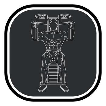 Black and white monochrome icon of a sportsman, athlete, bodybuilder, exercising on exercise machines with barbell, isolated on a gray background vector
