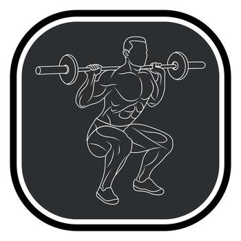 Black and white monochrome icon of a sportsman, athlete, exercising on exercise machines with dumbbells and a barbell, isolated on a gray background vector