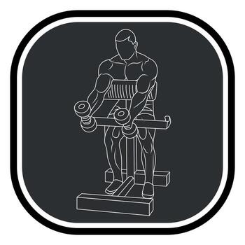 Black and white icon of a sportsman, athlete, bodybuilder, exercising on exercise machines with dumbbells and a barbell on a gray background vector