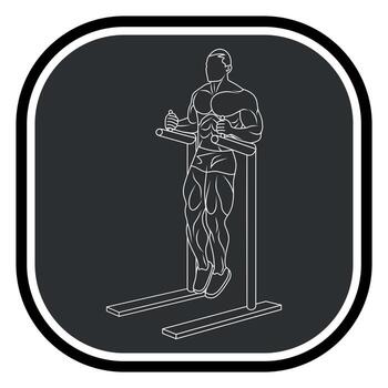 Black and white monochrome icon of athlete, bodybuilder, exercising on exercise machines with dumbbells and a barbell, isolated on a gray background vector