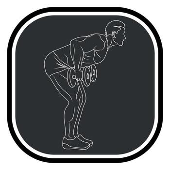 Black monochrome icon of a sportsman, athlete, bodybuilder, exercising on exercise machines with dumbbells and a barbell, isolated on a gray background vector