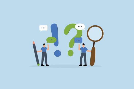 Question and answer, Businessman and woman with exclamation point, question mark in speech bubble dialogue vector