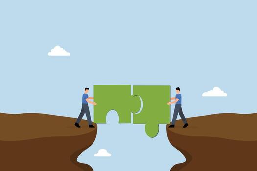 teamwork to solve problem together, Business professionals link jigsaw pieces to create a bridge that spans the divide vector