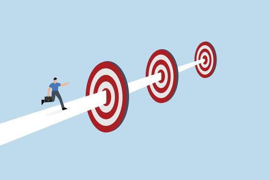 challenge to achieve targets and business goals, confidence entrepreneur navigating an arrow path towards goals vector