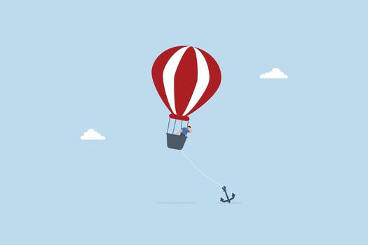 problema o problema a evitar negocio a crecer arriba, exasperado empresario miradas a el pesado ancla participación abajo su globo a detener eso desde ascendente vector