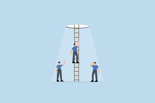 optimismo motivación a resolver problema, aspirar a conquistar temor idea, empresario ascender escalera hacia iluminado camino adelante vector