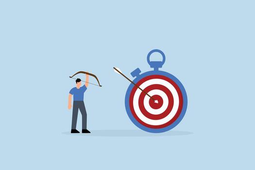 Time management to finish work within deadline, intelligent entrepreneur with bow in hand after hitting the bullseye on the timer vector