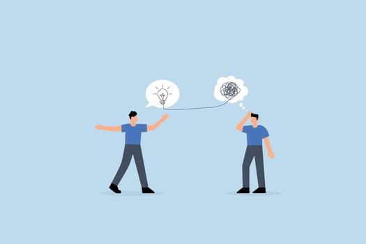 problema resolviendo habilidad a pensar de solución, perplejo empresario con desestructurado pensamientos mientras otros proporcionar brillante soluciones vector