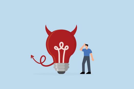 Bad idea cause problem and failure, perplexed entrepreneur staring at evil lightbulb questioning it a poor choice vector