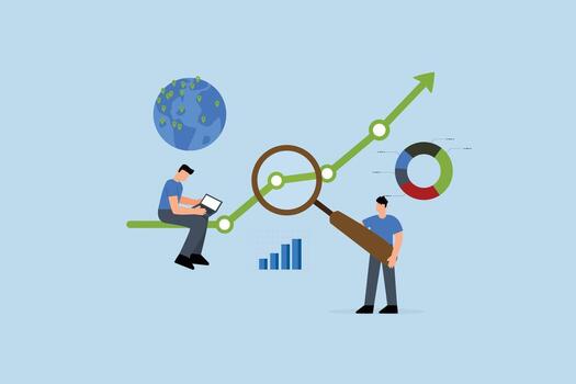 investigación y desarrollo, negocio individuos examinando con un aumentador vaso y computadora vector