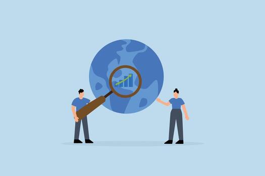 World economic analysis, entrepreneur using magnifying glass on globe alongside chart and graph vector