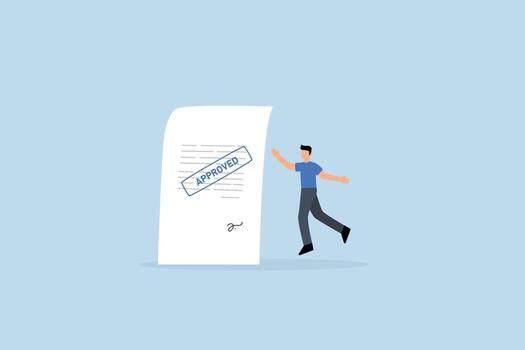 Document approved, happy businessman with document paperwork with approved stamp vector