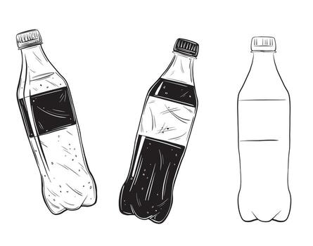 Sketch of bottle of soda or mineral water. Hand drawn set ink illustration of lemonade. Linear graphic elements drink for design isolated on white background. vector