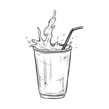 Sketch of glass of soda or mineral water. Hand drawn ink illustration of glass with a straw and splashes of drink. Linear graphic elements drink for design isolated on white background. vector