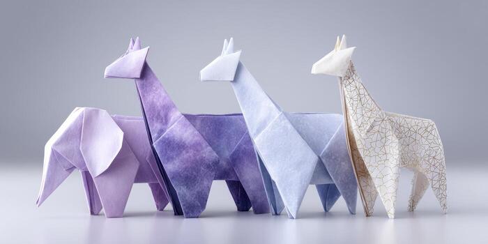 Origami Animals in a Row Purple Elephants Giraffes and a Golden Llama Teamwork Concept photo