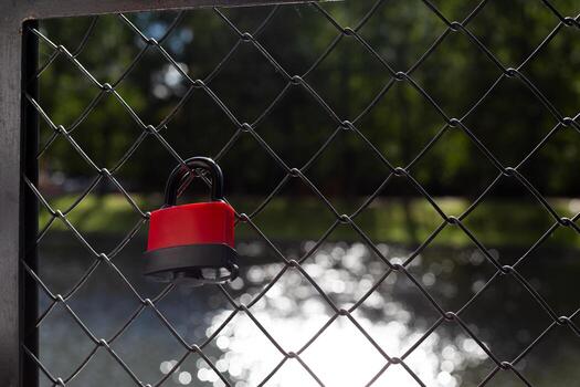 Close up of red padlock on a wire fence, symbolizing security and protection. The blurred background of a natural setting emphasizes the concept of safeguarding restricted areas photo