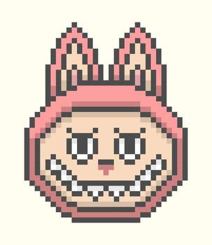 Smiling Pixel Art Face with Pink Ears and sharp teeth. illustration of toothy character in 8 Bit Style. vector