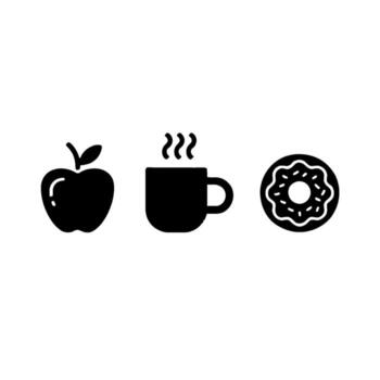 The image displays three black icons of an apple, a steaming cup of coffee, and a donut vector