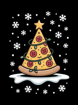 un festivo Navidad árbol diseñado en un divertido Pizza rebanada forma, completar con coberturas y un dorado estrella en cima. vector