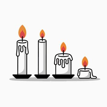 Four candles are arranged in a row, each with a unique shape and melting wax pattern. vector