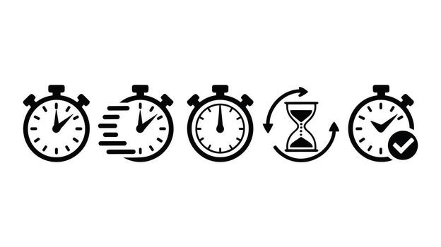 Collection of Five Black Timer and Time Management Icons on White Background stopwatch clock vector