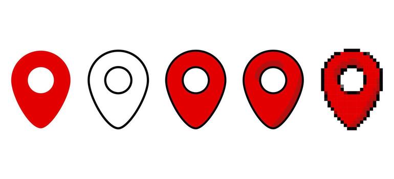 Red pin icon set in different styles. Hand drawn and designs of location markers, map pins, and pushpins for maps, navigation, or location-based projects. vector