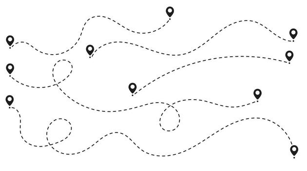illustration of a dotted travel path. Dashed line showing trip, route, or destination with travel icons and silhouettes. Perfect for maps, navigation, or journey design. vector