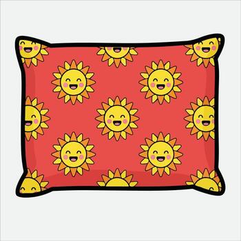 Cartoon Pillow with Smiling Sun Pattern on a Red Background. vector