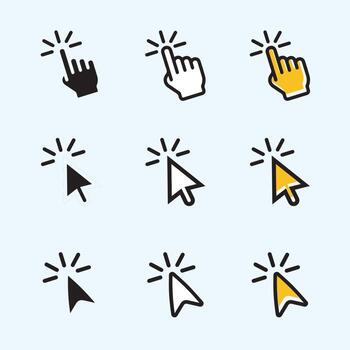 Computer mouse cursor clicks arrow hand icon set black, yellow and white vector