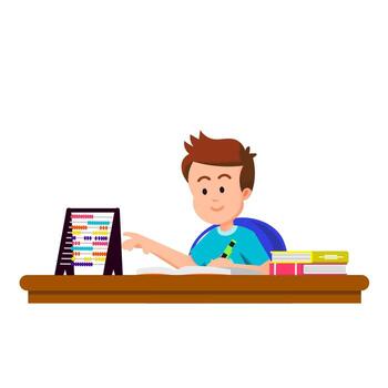 a boy learns math and counting using an abacus vector