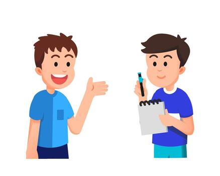 boy holding a small notebook and pen while interviewing his friend vector