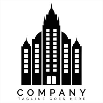 Black skyscraper silhouette with arched windows and pointed roofs building white vector