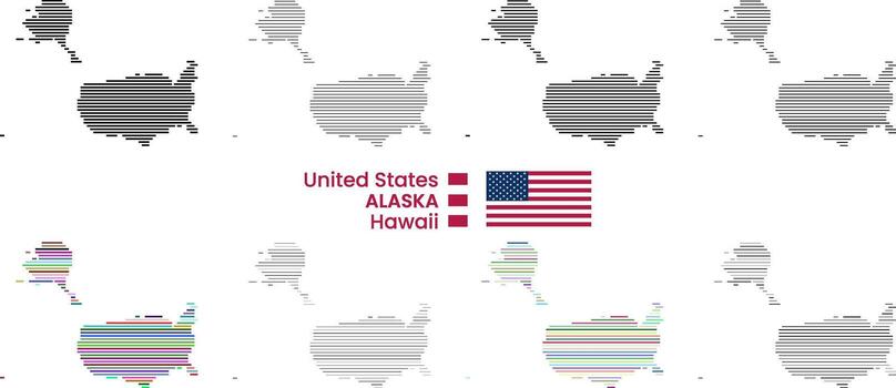USA line pattern map. Horizontal line pattern United State of America US info-graphic map with us flag art design. USA horizontal line shape pattern infographic map vector