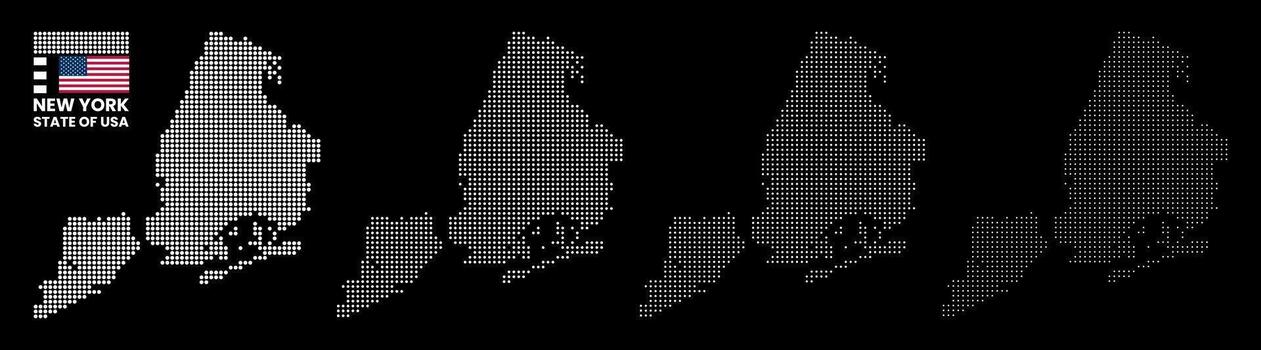 New York geometric digital dot pattern map. New York city dotted shape global map. Digital US flag with round dotted pattern infographic map. New York USA flag circle pattern map silhouette vector