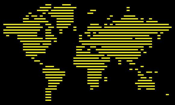 Horizontal line shape world map in a halftone line pattern style. Digital horizontal black line pattern shape global world map art on black background. A new vision of our planet earth. vector