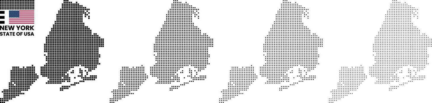 New York geometric digital square dot pattern map. New York city square shape global map. US flag with square shape pattern infographic map. New York USA flag square pattern map silhouette vector