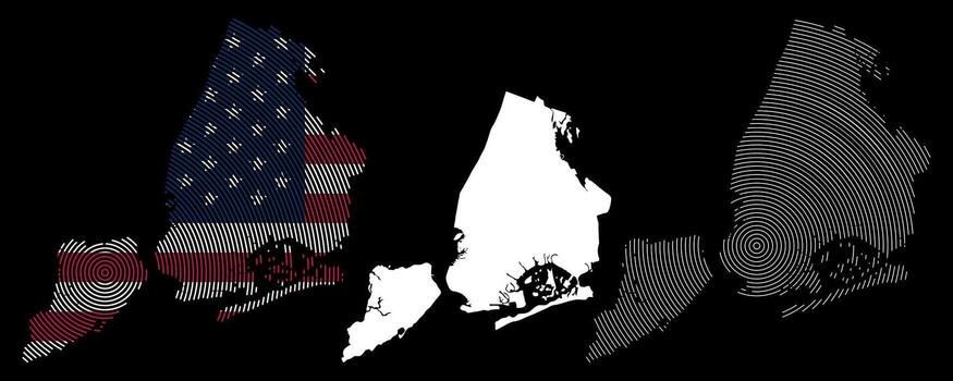 New York geometric map. New York city global map. Digital US flag geometric round line shape infographic map. New York USA flag line pattern map silhouette of American flag in New York map vector