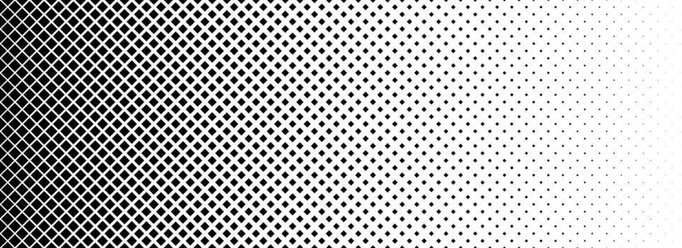 Squared halftone texture background. Check dot faded gradation wallpaper. Black and white square pixels. Abstract glitchy 8 bit game backdrop. Comic bitmap dither screen tone overlay vector