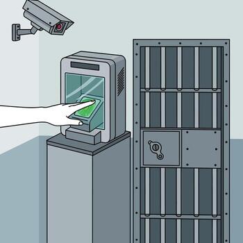 Security scanner and fingerprint authentication system with surveillance camera and prison cell door vector